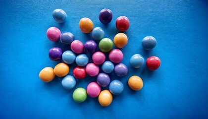 Obraz premium a vibrant cluster of colorful spherical candies scattered on a bright blue surface