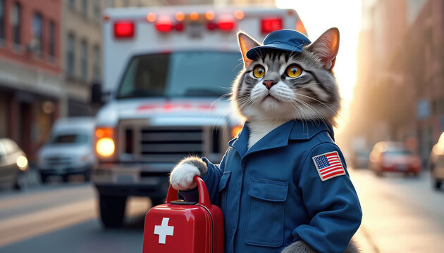 Illustration of a cat dressed as an EMT in a blue uniform stands in front of ambulance. Holding a red first aid kit, cat looks confident, ready to help. Urban cityscape.