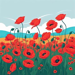 Obraz premium Vibrant poppy field with blooming red flowers under a clear sky in a pastoral landscape during daytime