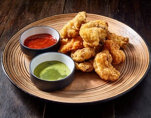 crispy tempura battered mushrooms with spicy dipping sauce on rustic plate