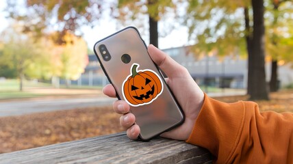 A person hand showing a phone back cover and a Halloween pumpkin sticker is attached on it with a beautiful autumn background