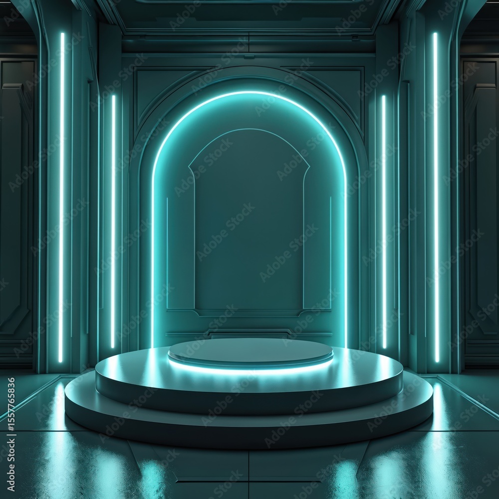 Aufkleber futuristic neon stage empty hall. modern room display background for product display. neon light ill