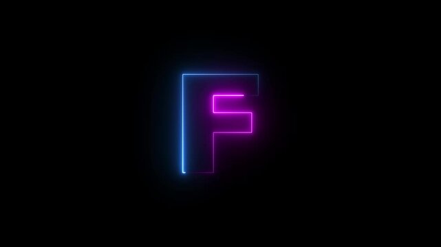 Capital letter F with a blue and purple  neon effect and color technology motion animation video footage in 4K. Neon Letter technology F  on Black Background.