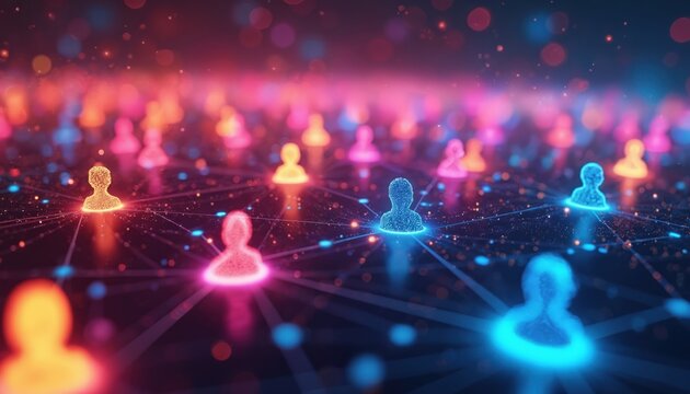 AI-powered networking tool visualizes digital connections, professional growth. High-end lead generation, human relationship building platform. Modern corporate partnership, virtual communication