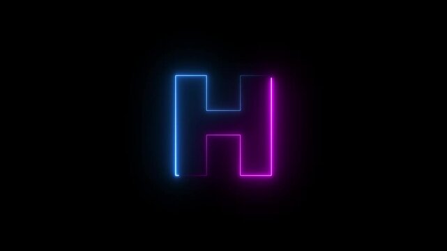 Capital letter H with a blue and purple  neon effect and color technology motion animation video footage in 4K. Neon Letter technology H  on Black Background.