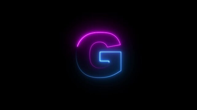 Capital letter G with a blue and purple  neon effect and color technology motion animation video footage in 4K. Neon Letter technology G  on Black Background.