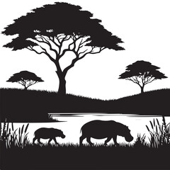 African Savannah Hippo Silhouette Vector Graphic Illustration Under Trees