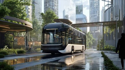 Futuristic electric bus on city street, sleek design, sustainable transportation - Powered by Adobe