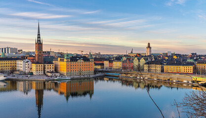 Sunset cityscape of Stockholm with Riddarholmen and Old Town waterfront