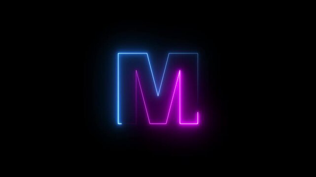 Capital letter M with a blue and purple  neon effect and color technology motion animation video footage in 4K. Neon Letter technology M  on Black Background.