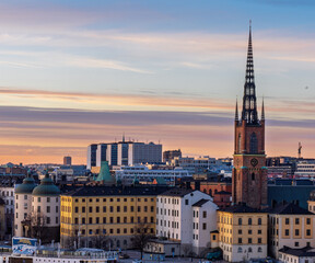 Sunset cityscape of Stockholm with Riddarholmen and Old Town waterfront