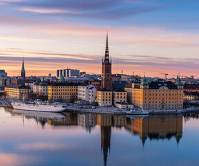 Sunset cityscape of Stockholm with Riddarholmen and Old Town waterfront