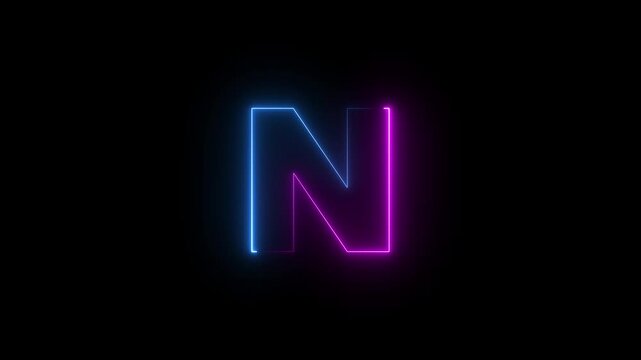 Capital letter N with a blue and purple  neon effect and color technology motion animation video footage in 4K. Neon Letter technology N  on Black Background.