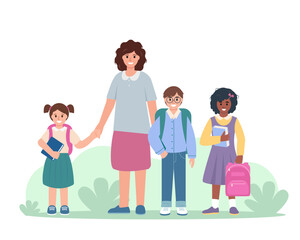 Obraz premium Elementary school or Kindergarten Teacher and children group with books and bags. Smiling pupils children, elementary or preschool kids with schoolmaster on white background. Vector illustration.
