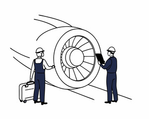 Obraz premium Aviation engineers inspecting a jet engine vector illustration depicting maintenance and airplane servicing activities