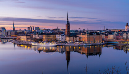 Sunset cityscape of Stockholm with Riddarholmen and Old Town waterfront