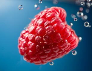 vibrant red raspberries floating in mid air showcasing their juicy texture and freshness perfect for healthy food concepts
