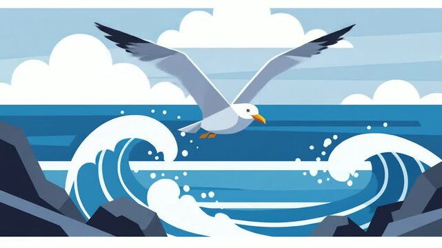 Seagull flies over ocean waves against a cloudy sky near jagged rocks