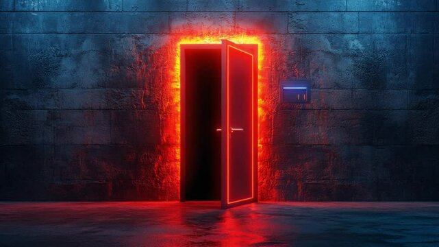 Ajar doorway: Glowing red-framed doorway casting a radiant aura in dark place, beckoning viewer to step through it