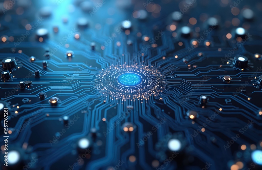 Poster futuristic tech illustration of computer circuit board. blue color with glowing lines and dots. elec