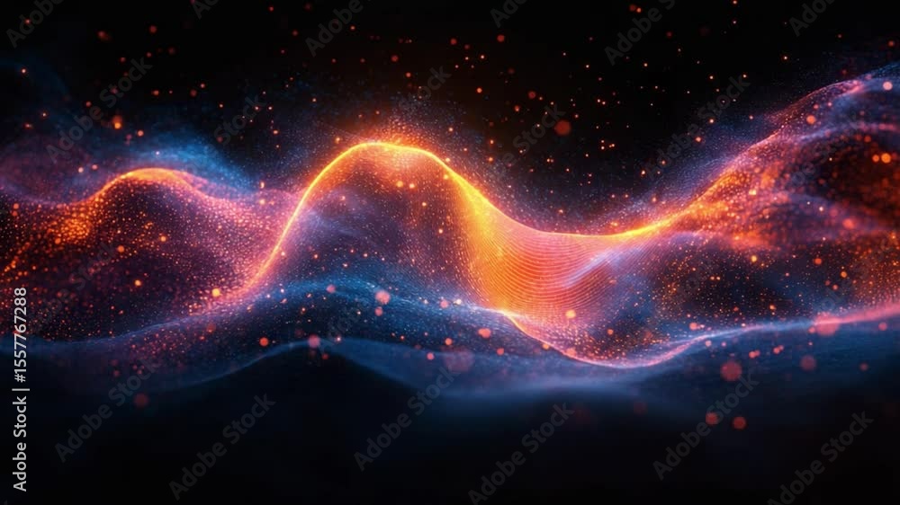 Poster cosmic symphony: a breathtaking depiction of a cosmic wave, where glowing particles weave through a 