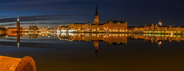 Stockholm skyline at twilight with City Hall and Old Town