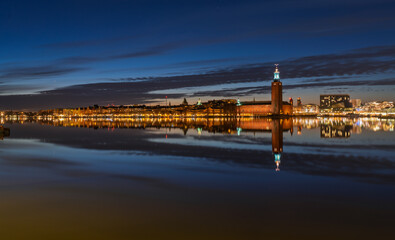 Stockholm skyline at twilight with City Hall and Old Town