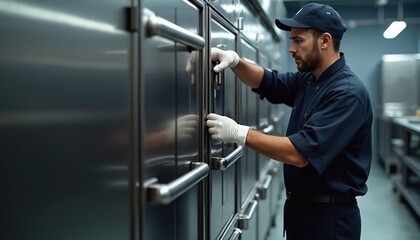 Technician chef repairs industrial oven in modern commercial kitchen. Man in uniform, gloves, checks oven door. Maintenance service, food preparation, restaurant tech.