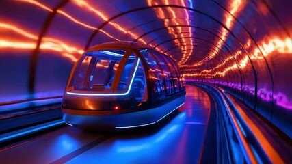 Futuristic transit pod speeding through vibrant, illuminated tunnel - Powered by Adobe