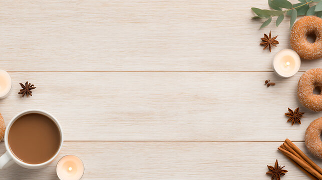Cozy autumn vibes with cinnamon donuts, spiced latte, candles on wood
