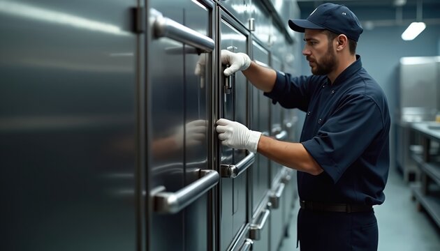 Technician chef repairs industrial oven in modern commercial kitchen. Man in uniform, gloves, checks oven door. Maintenance service, food preparation, restaurant tech.