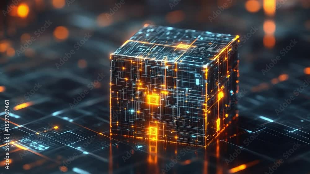 Poster Digital Cube: Glowing orange lines forming a futuristic cube on a dark circuit board.
