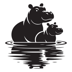 Adorable Silhouette Illustration of a Hippo Mom and Baby in Water