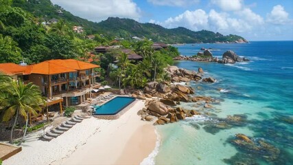 Luxurious beachfront villa with infinity pool, nestled on a secluded tropical island with stunning ocean views