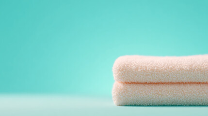 Fresh soft peach towels stacked elegantly on a bright aqua background