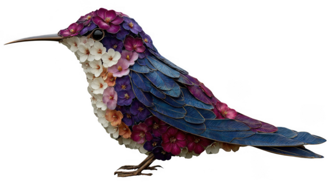 A vibrant hummingbird sculpture crafted from an array of colorful flowers is isolated on transparent background
