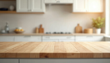 Obraz na płótnie Canvas Empty wood table top in modern kitchen interior. Ready for product montage food presentation. Blurred clean bright background with white cabinets, decor, utensils, green plant in daylight. Wooden