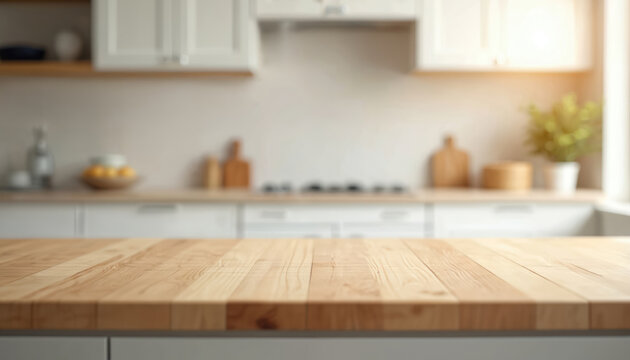 Empty wood table top in modern kitchen interior. Ready for product montage food presentation. Blurred clean bright background with white cabinets, decor, utensils, green plant in daylight. Wooden