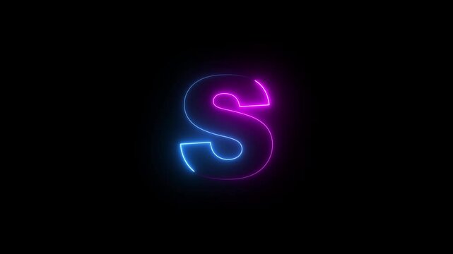 Capital letter S with a blue and purple  neon effect and color technology motion animation video footage in 4K. Neon Letter  S  on Black Background.