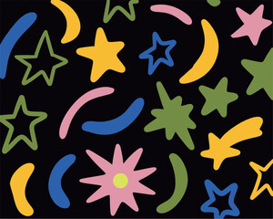 Seamless fun kid pattern with multicolor hand drawn stars. Colorful abstract background with fireworks. Childish cool geometric design for fabric, cover, banner, label, print, wrapping, wallpaper