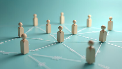 Wooden human figurines interconnected network concept on turquoise background. Teamwork, communication, social media, networking, community, business, relationship, connection, global world, internet
