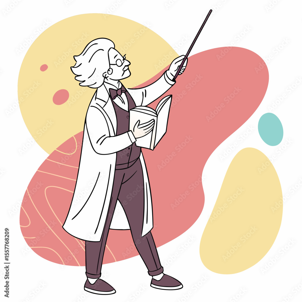 Poster cartoon scientist or professor with book and pointer explaining or teaching with abstract background