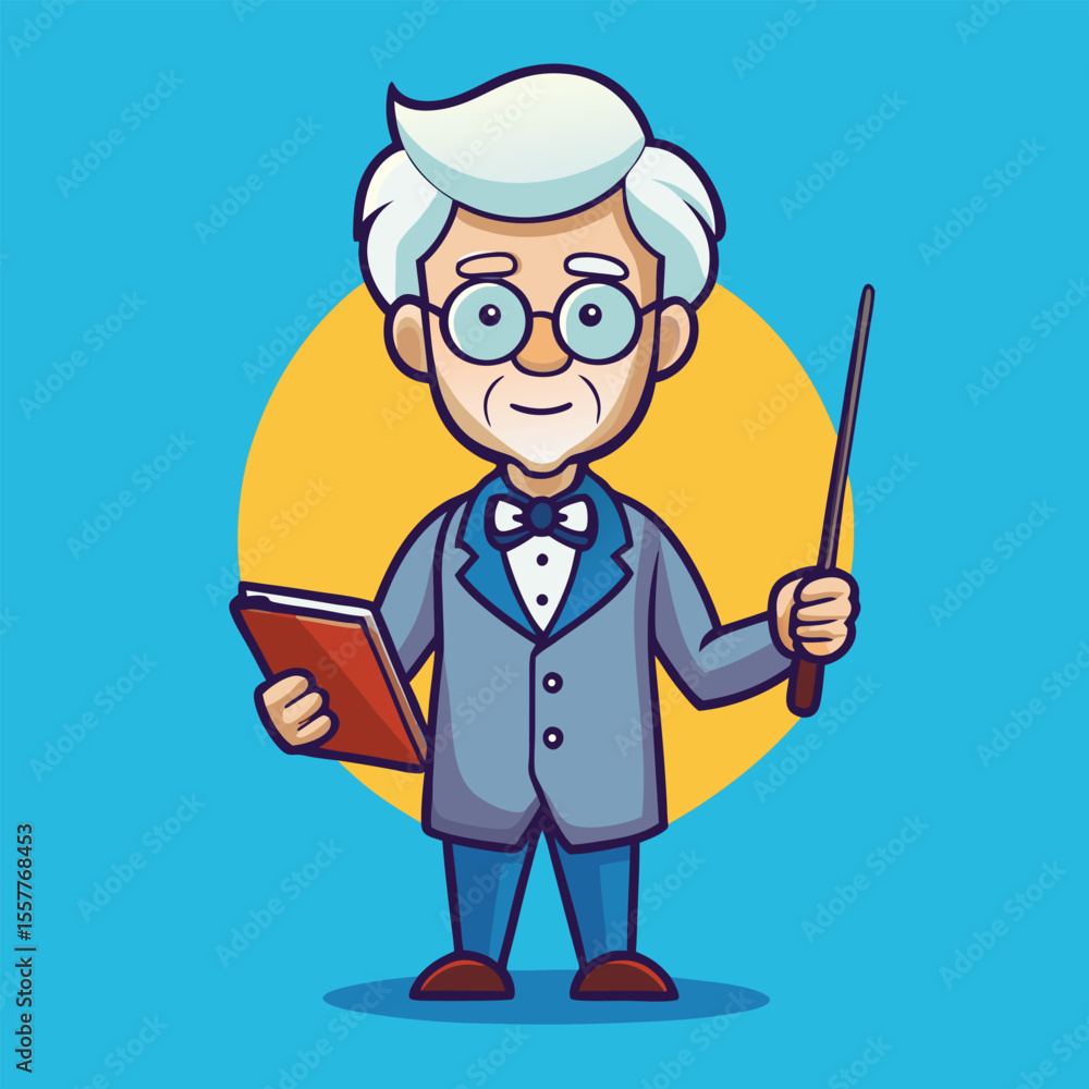 Poster cartoon professor with book and pointer stick on blue background education and presentation concept 