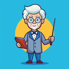 Cartoon Professor with Book and Pointer Stick on Blue Background Education and Presentation Concept Vector Illustration for Design and Animation
