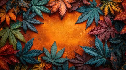 Colorful cannabis leaves arranged in a frame on an orange background.