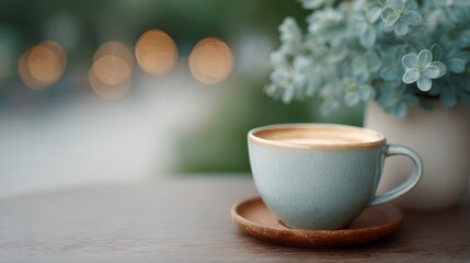 Obraz premium Cup of coffee sits on a saucer on a wooden table