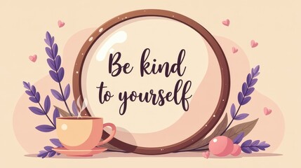 Lettering &ldquo;Be kind to yourself&rdquo; placed inside a mirror frame, surrounding elements include cozy socks, steaming tea, lavender sprigs, warm color palette (blush, warm beige, cocoa)