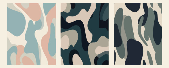 Three abstract organic shapes compositions in pastel and muted tones with a minimalist aesthetic and soft curves