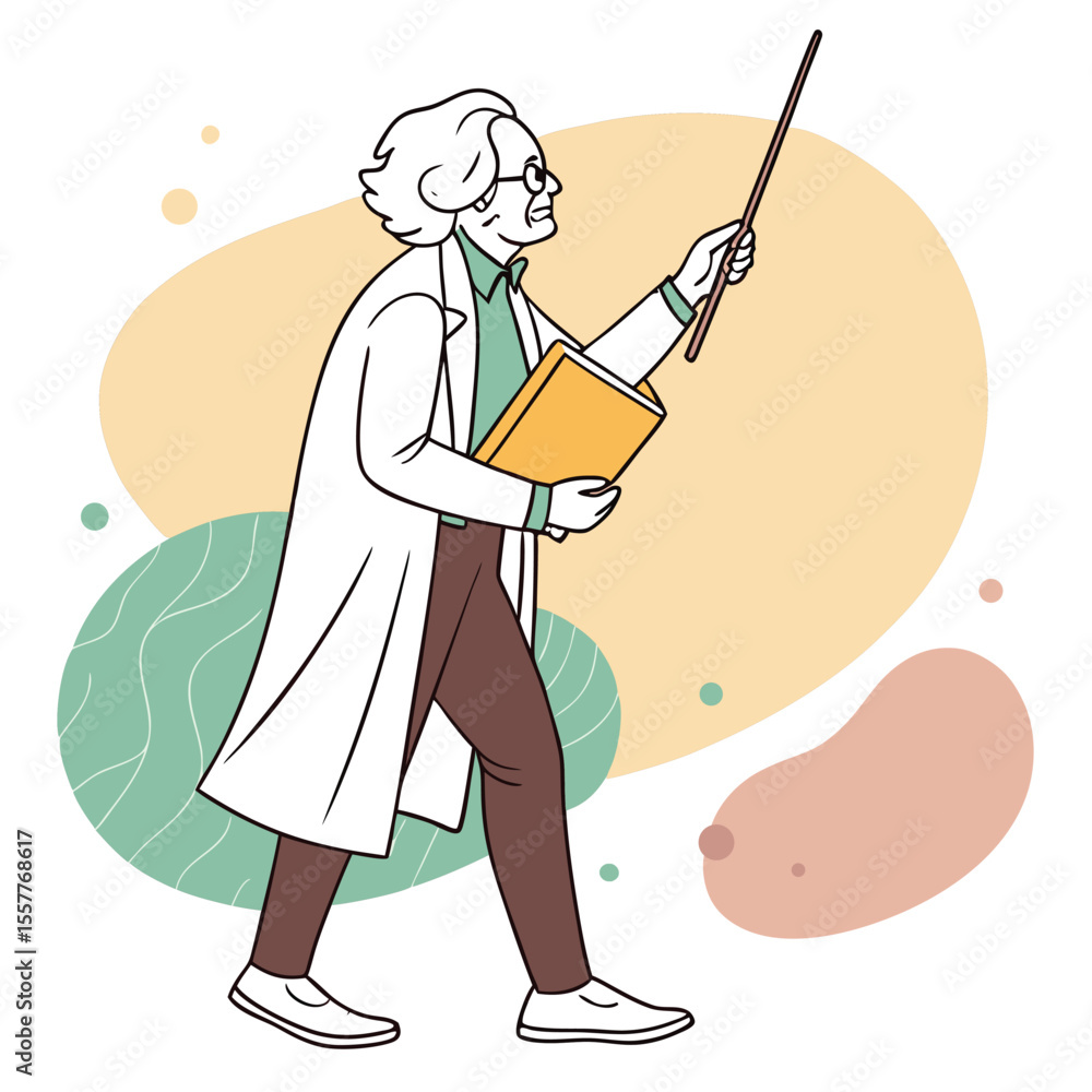 Poster illustration of a professor walking and lecturing with a book and pointer set against an abstract ba