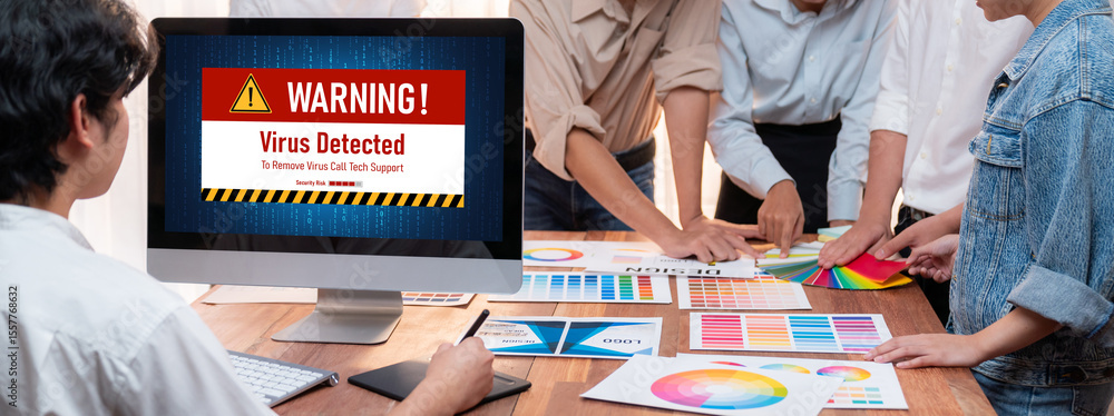 Poster Virus warning alert on computer screen detected brisk cyber threat , hacker, computer virus and malware